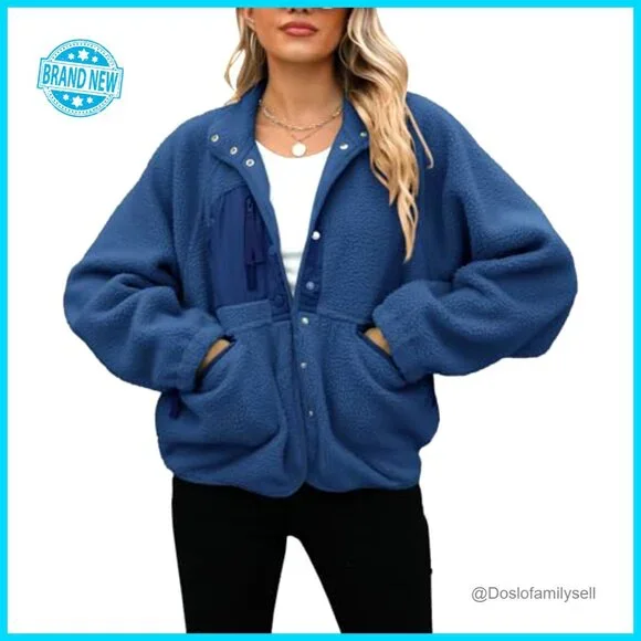 Fuzzy Sherpa Fleece Jacket Oversized Cropped Button Down Winter Outerwear - Picture 3 of 6